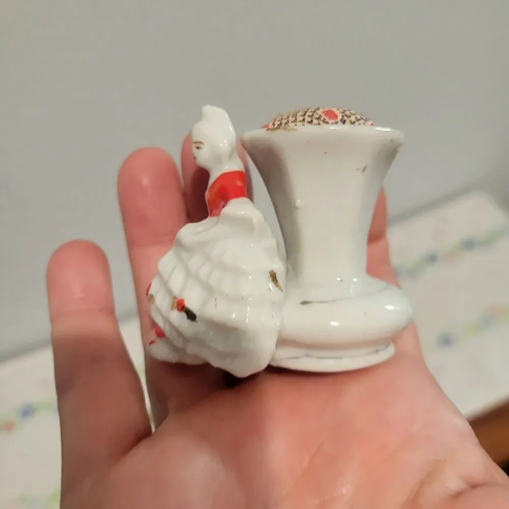Vtg Set of 2 Porcelain Toothpick Holders Elegant Lady and Man Japan Pin Cushions